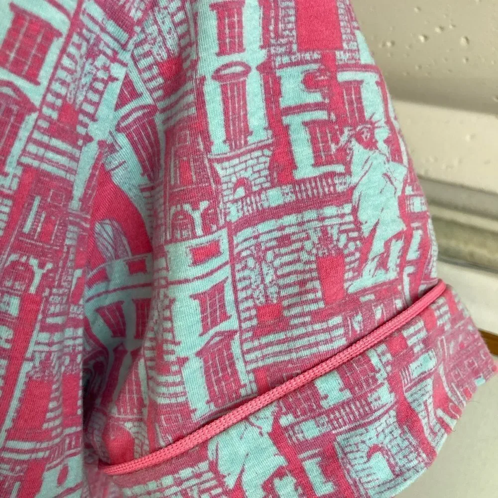 BedHead VTG NYC Print Pink and Blue PJ Top skyline, Statue of Liberty, & cat
